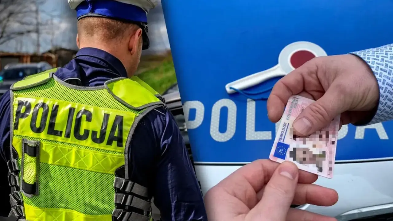 Policjant w kamizelce odblaskowej i ręka podająca prawo jazdy na tle radiowozu.