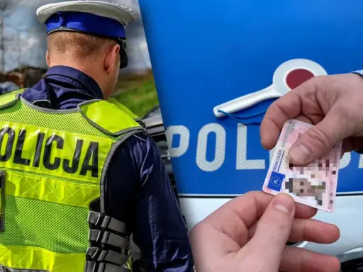 Policjant w kamizelce odblaskowej i ręka podająca prawo jazdy na tle radiowozu.