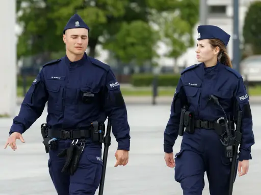 Dwóch policjantów w mundurach idzie, jeden z nich ma na pasie rękawiczki i pałkę.