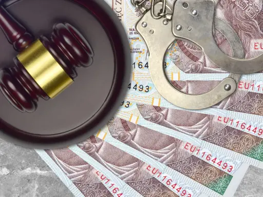 Młotek sędziowski, kajdanki i polskie banknoty na szarym tle.